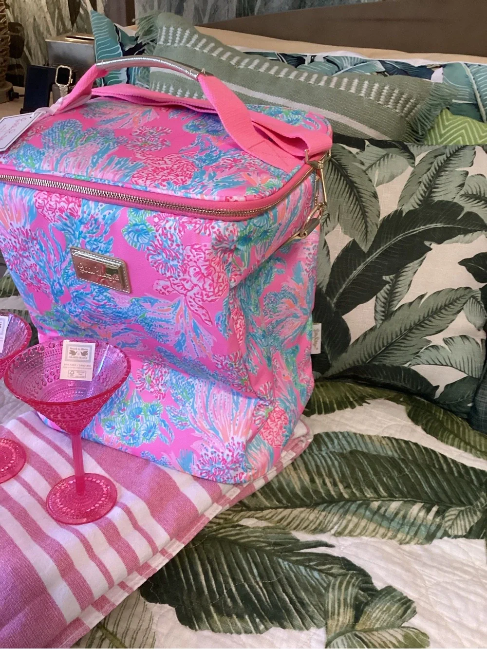 Lilly Pulitzer Hot Pink Coastal Floral Cooler Tote with Pink Glasses